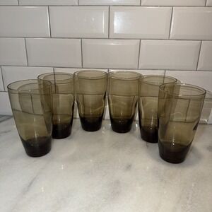 Vintage Set Of 6 Tawny Smoke Brown Large Glasses Tumblers by Libbey GW0021